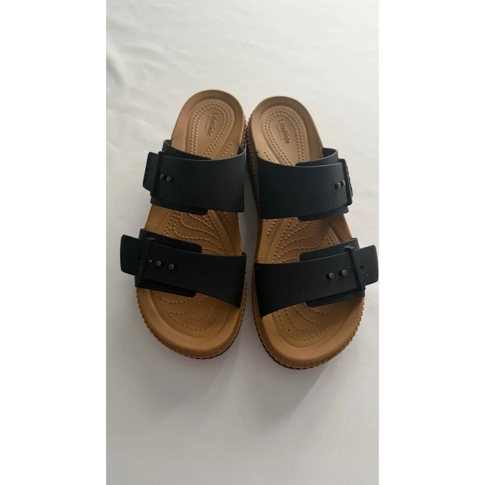 Crocs Women's Brooklyn Buckle Low Wedge Heels In A Size 10 EUC BLACK sandals